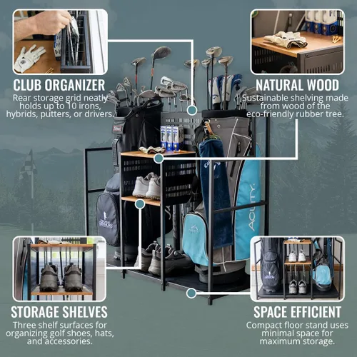 Vista 4 de Organizador de almacenamiento de golf Teal Triangle, almacenamiento gratuito para garaje resistente, contiene palos de golf, bolsas, accesorios
