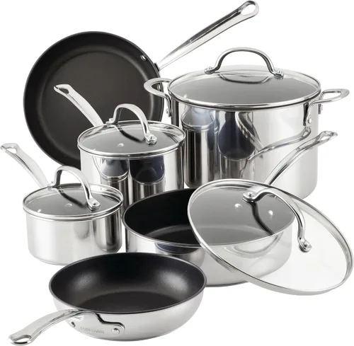 Vista 13 de Farberware Brilliance - Juego de ollas y sartenes de acero inoxidable con herramientas de cocina y tapas de vidrio, 10 piezas, apto