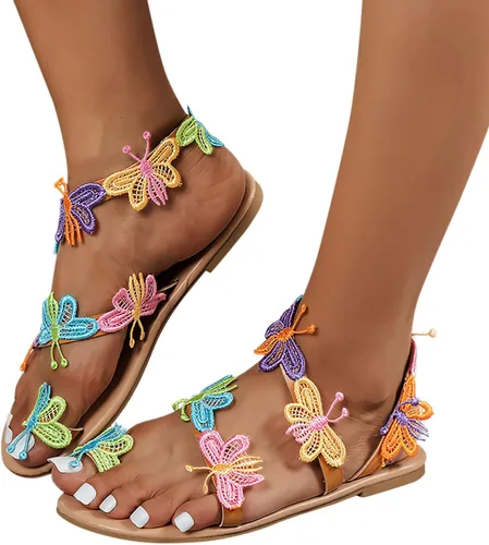 Hbeylia Butterfly Flat Sandals for Women Ladies Fashion Casual Bohemia Elegant Gladiator Sandals Jewelry Toe Ring Dressy Slip On Sandals for Bride