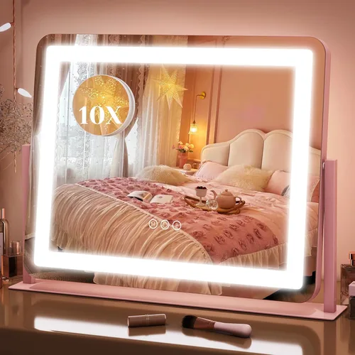 Vista 35 de FENNIO Espejo de tocador de 23 x 18 pulgadas con luces, espejo de maquillaje LED, espejo Hollywood con 3 modos de color y brillo ajustable, espejo