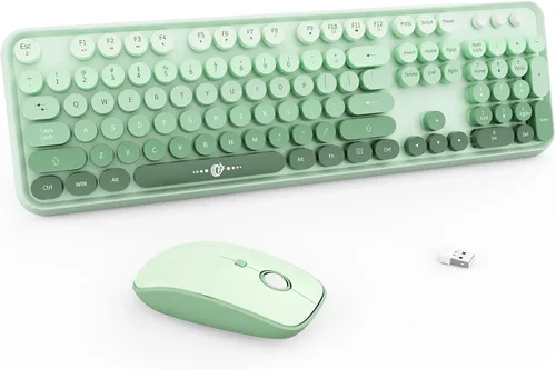 Vista 11 de FOPETT Combo de teclado y mouse inalámbricos, 2.4G de tamaño completo, lindo mouse y teclado coloridos con 104 teclas redondas, teclado retro