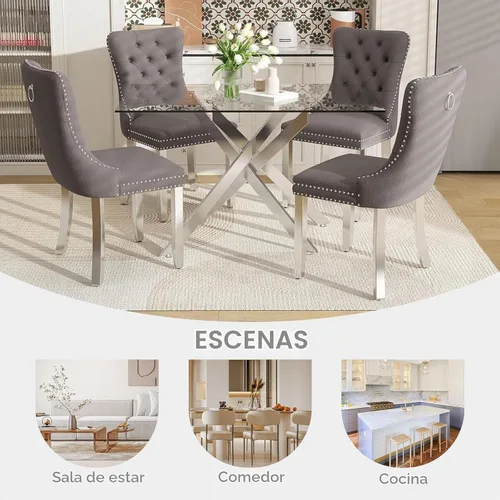Vista 9 de Juego de mesa de comedor de vidrio de 51 pulgadas para 4, mesa de cocina rectangular de vidrio con 4 sillas decorativas tapizadas de terciopelo Mesa