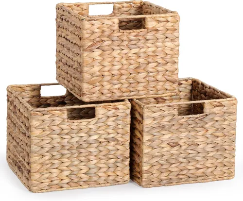 Vista 10 de Cesta de almacenamiento de mimbre de plástico de 12x12x10 pulgadas, cesta de almacenamiento de cubo de mimbre plegable para estantes, cesta