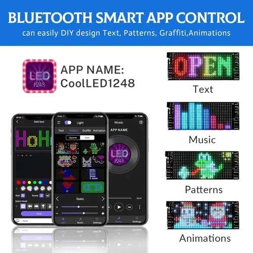 Vista 3 de Letrero de apertura programable, pantalla LED para auto controlada por aplicación Bluetooth, panel de desplazamiento DIY de texto personalizado
