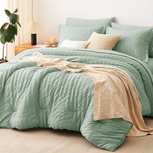 Vista 44 de CozyLux - Juego de edredón doble con sábanas de 5 piezas, color blanco con textura de sirsaca en una bolsa para niñas, juego de ropa de cama de lujo