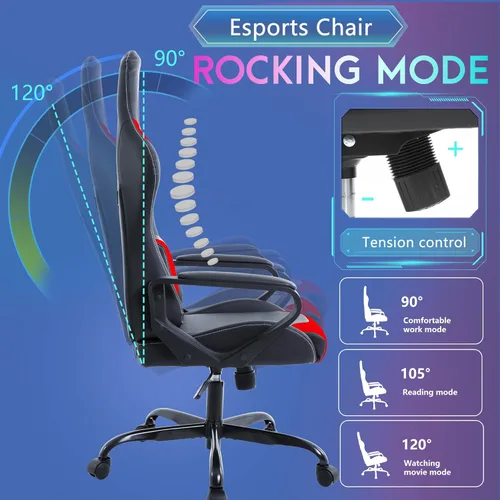 Vista 5 de PayLessHere Silla de escritorio ergonómica estilo carreras para juegos, silla de computadora con reposabrazos, giratoria 360° y ruedas, de cuero Rojo