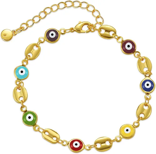 Vista 28 de Delicadas pulseras de oro para mujer, chapado en oro 18, ajustable, mal de ojo, mariposa, cuentas, perla, corazón, turquesa, hecha a mano para mujer