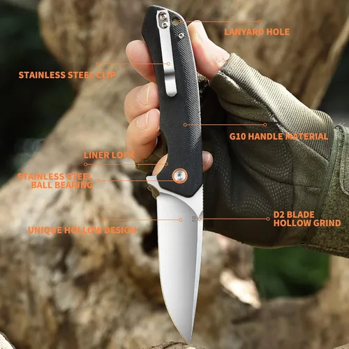 Vista 2 de Cuchillo de bolsillo plegable EDC Tactical Knife Camping Survival Knife 3.54'' D2 Blade acero y G10 Handle Liner Lock Clip reversible para uso