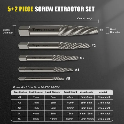 Vista 2 de TOPEC Juego de extractor de tornillos dañados, 7 piezas extractoras de pernos fáciles de sacar para quitar fácilmente pernos rotos, tornillos