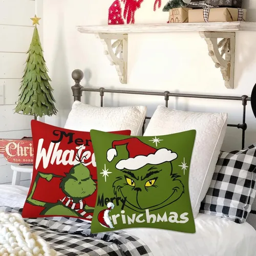 Vista 6 de Juego de 4 fundas de almohada navideñas de 18 x 18 pulgadas, decoración navideña, fundas de almohada de Navidad, para el hogar, dormitorio, sofá (C)