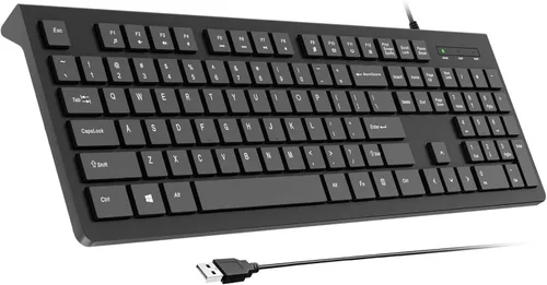 Teclado con cable, teclado de computadora con cable USB ultrafino, teclas de perfil bajo, resistente a derrames, teclas multimedia, compatible con