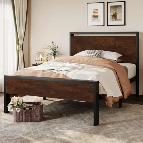 Vista 13 de SHA CERLIN Base de cama de plataforma de metal tamaño King de 14 pulgadas con cabecero y piecero de madera, base de colchón, no necesita somier