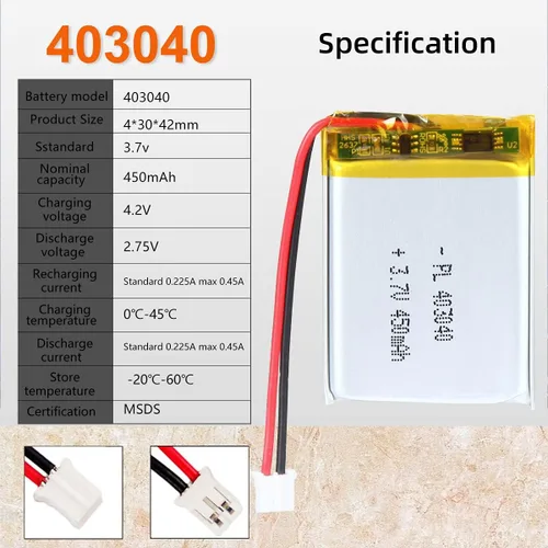 Vista 3 de 3.7V 450mAh 403040 Lipo batería recargable batería de iones de polímero de litio con conector JST