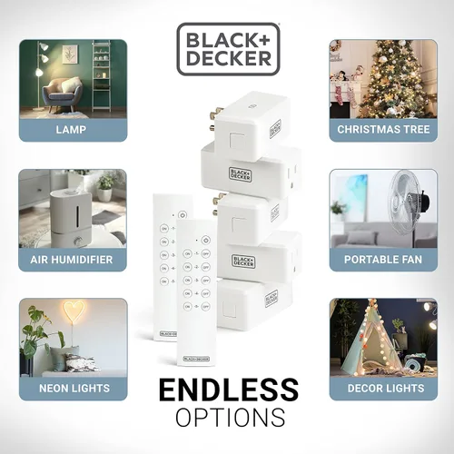 Vista 4 de BLACK+DECKER Toma de control remoto inalámbrico, paquete de 5 tomas, 2 controles remotos - Interruptores de luz premium