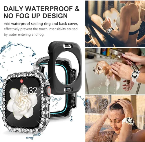 Vista 3 de Wingle 2 en 1 Funda impermeable para Apple Watch 40mm Protector de pantalla SE 3/2/1 Series 6 5 4, Bling Lace Edge Diamond Cara Cubierta Completa