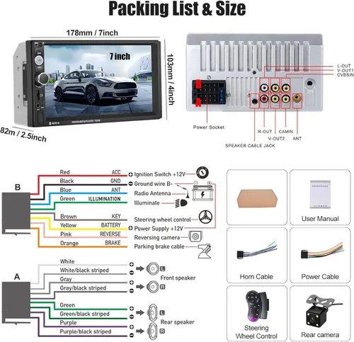Vista 8 de CAMECHO 7" Double Din Car Stereo Audio Bluetooth MP5 Player USB FM Multimedia Radio+ 4 LED Mini Backup Camera with Steering Wheel Remote Support