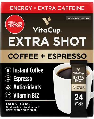 VitaCup Cápsulas de café Extra Shot instantáneas con café expreso, “Red Eye” alta cafeína, tostado oscuro intenso con vitamina B12, antioxidantes,