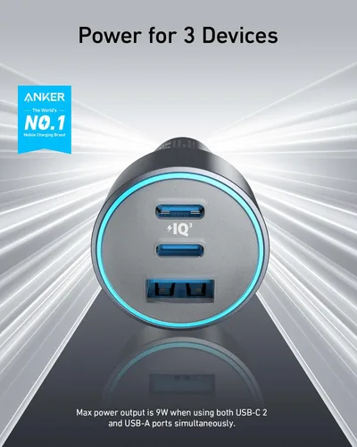 Vista 2 de Anker Cargador de coche USB-C, cargador de coche iPhone 17, cargador rápido compacto de 3 puertos de 67 W, adaptador de coche 535 con PIQ 3.0