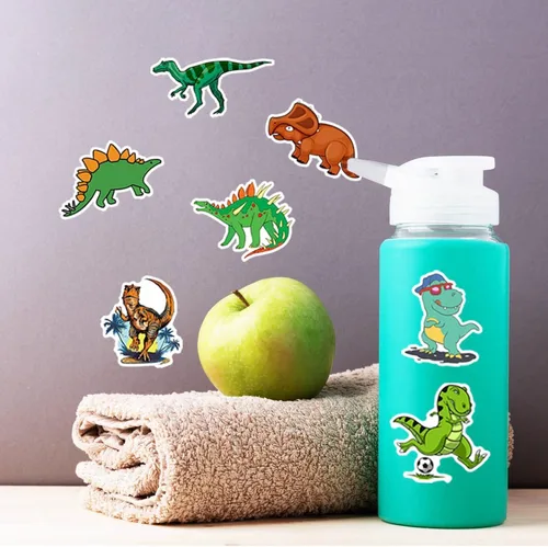 Vista 3 de 100 piezas de calcomanías de dinosaurio, lindas calcomanías de dibujos animados impermeables para niños, recompensas educativas, favoritas