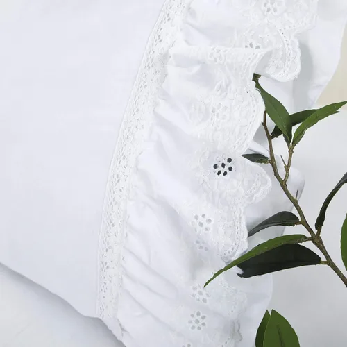Vista 4 de Juego de 2 fundas de almohada con ojales de encaje con volantes, color blanco, estilo rústico y elegante, de algodón, con bordado, floral