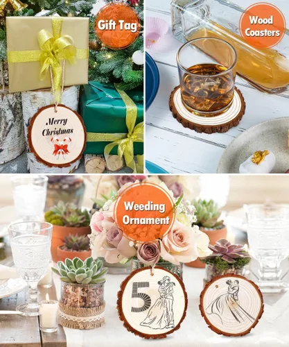 Vista 5 de wohohoho 24 piezas de rebanadas de madera natural de 2.4 a 2.8 pulgadas, kit de madera para manualidades sin terminar, preperforado con agujero