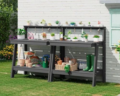 Vista 23 de SERWALL Banco para macetas al aire libre con fregadero extraíble, mesa para macetas de polietileno de alta densidad resistente a la putrefacción