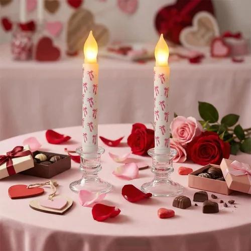Vista 3 de Valentine Day Flameless Taper Candles with Pink Bow, 6.5" LED Candles with Remote, 2 Pack Flickering Battery Operated Candlesticks for Proposal