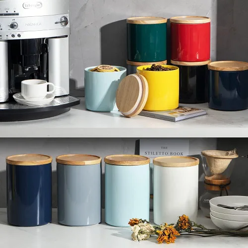 Vista 6 de SWEEJAR – Recipiente de cerámica para almacenamiento de alimentos, recipientes apilables con tapa hermética de madera para servir café molido, té