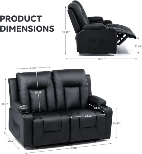 Vista 2 de COMHOMA Juego de muebles de sala de estar, sofá biplaza de cuero regenerado con portavasos y silla reclinable, color negro
