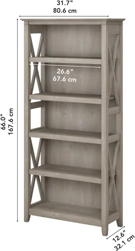 Vista 3 de Bush Home Tall 5 Shelf Bookcase for Living Room or Home Office, Large Bookshelf, Modern Farmhouse Style, Key West Collection, Washed Gray