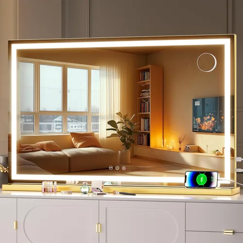 Vista 17 de Hasipu Espejo de tocador con luces, espejo de maquillaje LED de 32 x 24 pulgadas, espejo de maquillaje iluminado con 3 modos regulables, espejo