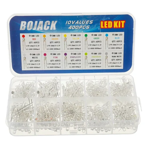 BOJACK 10 colores 400 unids 0.118 in LED diodo luces Assored Kit Pack (rojo/Ora/YEL/Gre/Blu transparente DC 2V - 3.2V 20mA) Iluminación brillante