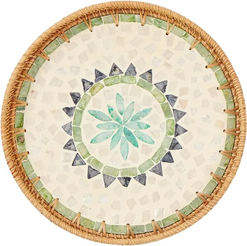 Vista 7 de Bandeja redonda de ratán con incrustaciones de madreperla, bandeja de ratán con base de madera, cesta decorativa de mimbre para decoración de mesa