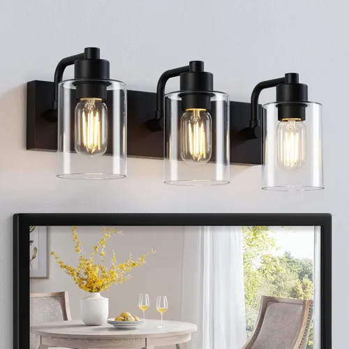 Vista 9 de Dpyrrhic Luces de Baño Negras Mate de 2 Luces Sobre Espejo con Pantalla de Vidrio Transparente, Luminarias Modernas de Baño para Cocina, Sala