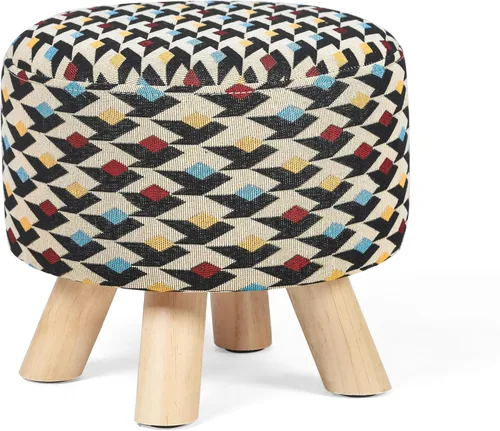 Vista 13 de Asense Taburete otomano redondo pequeño con reposapiés acolchado de tela con patas de madera (beige gris, tela)