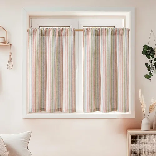 Vista 94 de jinchan - Cortinas de lino a rayas para cocina de 20 pulgadas de largo, cortinas de varios niveles, estilo granja moderna de café, tratamientos