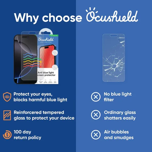 Vista 6 de Ocushield Protector de pantalla de vidrio templado antiluz azul para iPhone 7 iPhone 8 - Protege tus ojos, reduce las migrañas y mejora el sueño