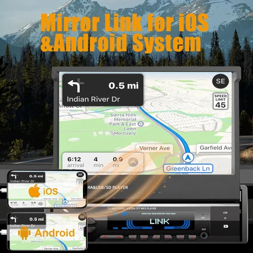 Vista 3 de [Actualización] Reproductor estéreo de coche de un solo DIN compatible con Apple Carplay y Android Auto - Pantalla táctil motorizada abatible de 7