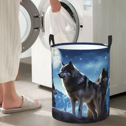 Vista 7 de Cesta circular con estampado de lobos, impermeable, cesta organizadora de lavandería, con asas, para ropa, juguetes, pequeña