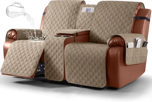 Vista 26 de Ruaozz Funda impermeable para sofá biplaza reclinable con consola, funda antideslizante para sofá reclinable dividido, con correas elásticas, Beige