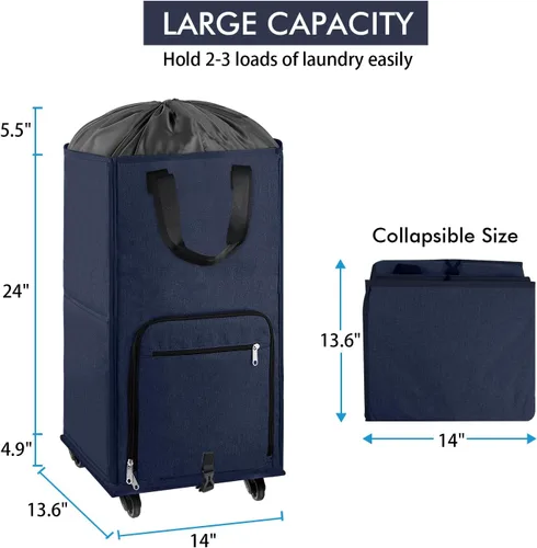Vista 3 de Bukere Cesta de lavandería grande con ruedas, 4 ruedas y 2 asas, bolsa de lavandería con ruedas plegable independiente para ropa, apartamento