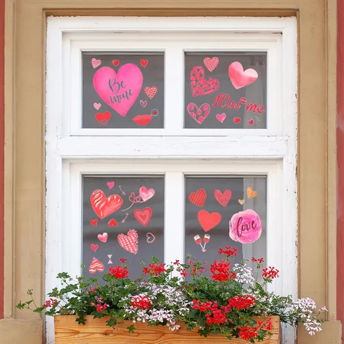 Vista 6 de 218 piezas de calcomanías para ventanas de cristal para el día de San Valentín, diseños surtidos de corazones y besos, calcomanías de vinilo