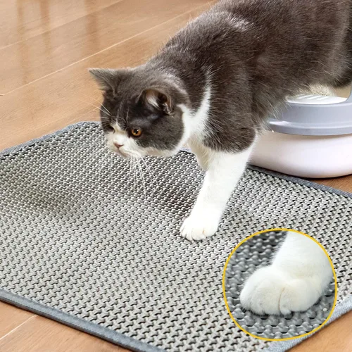 Vista 7 de Alfombrilla de arena para gatos, EVA de diseño de panal de abeja de doble capa, impermeable a la orina, control de dispersión, alfombrilla de arena
