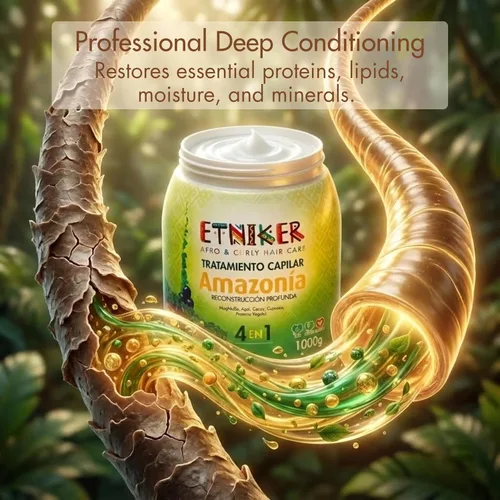Vista 6 de Etniker Amazonia, mascarilla para el cabello rizado, protector térmico para cabello rizado, crema de peinado rizado, resultados de grado