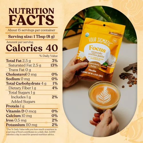 Vista 2 de Four Sigmatic Café con leche de hongos Mocha Focus Latte instantáneo orgánico a base de plantas con hongo de melena de león para concentración