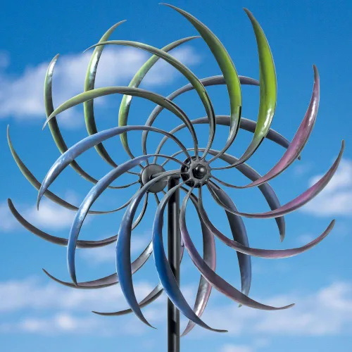 Vista 2 de Bits and Pieces - Molino de viento de arco iris. Molino de viento decorativo, ornamento para el jardín. Elemento giratorio para el jardín de tres