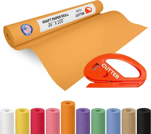Vista 119 de Rollo de papel kraft amarillo de 36" x 1200" (100 pies) con cortador - Papel de regalo hecho en EE. UU. para embalaje, mudanza, envío