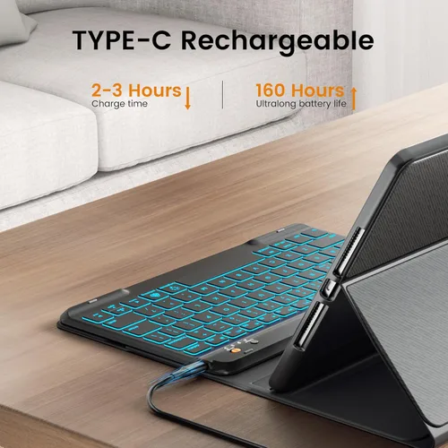 Vista 5 de OYEEICE Funda para iPad de 9ª generación con teclado de 10.2 pulgadas 2021, teclado BT desmontable con magnético, funda para iPad Air de 3ª