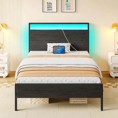 Vista 20 de Rolanstar Base de cama tamaño individual con estación de carga, base de cama individual LED con cabecera de almacenamiento tapizada, cama de Negro