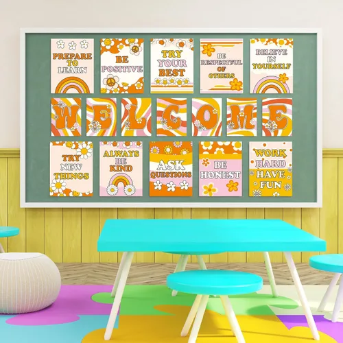 Vista 5 de JarThenaAMCS 17 pósteres de bienvenida retro Groovy para el aula, diseño hippie de arco iris, carteles motivacionales, decoración de tablón